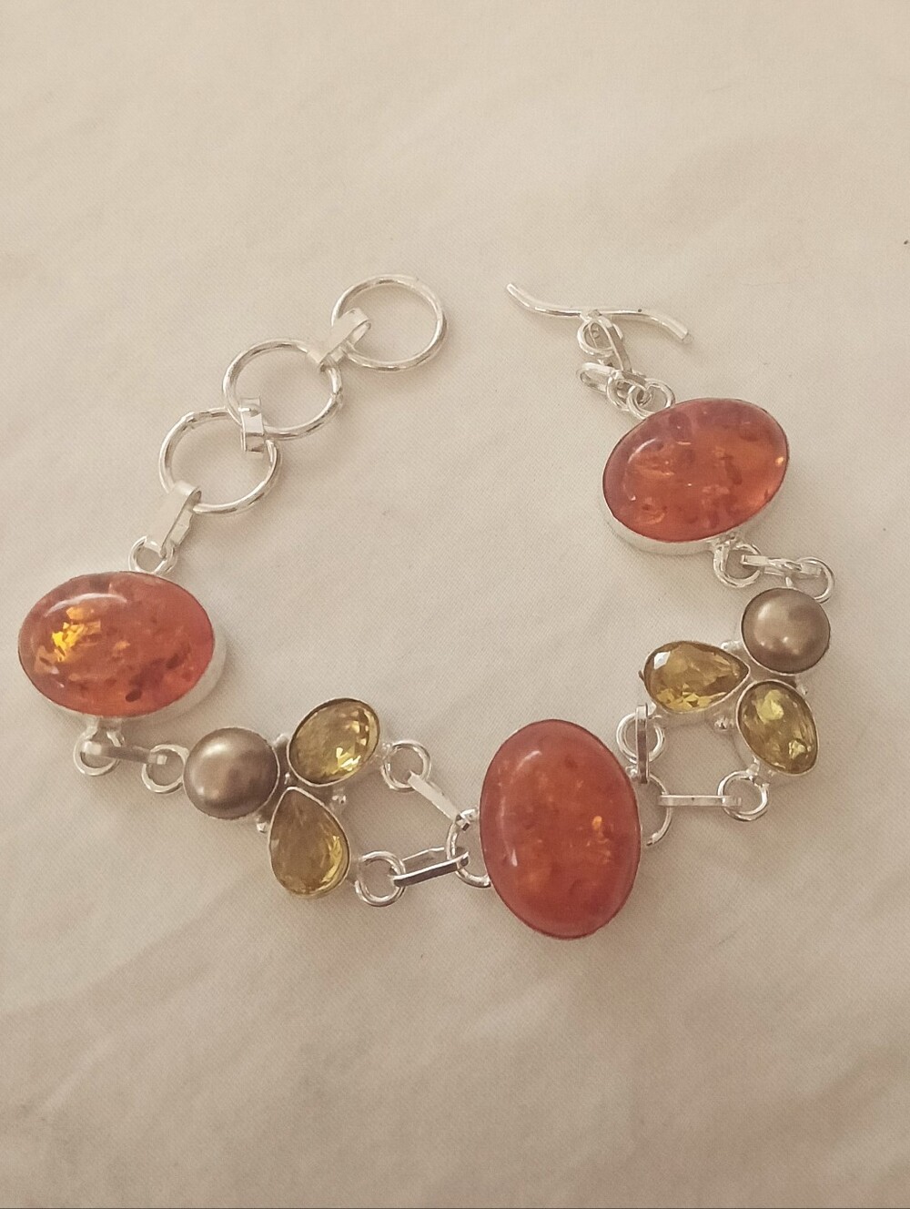 Amber Citrine Pearl Gemstone Sterling Silver Bracelet Jewelry 22 Gms